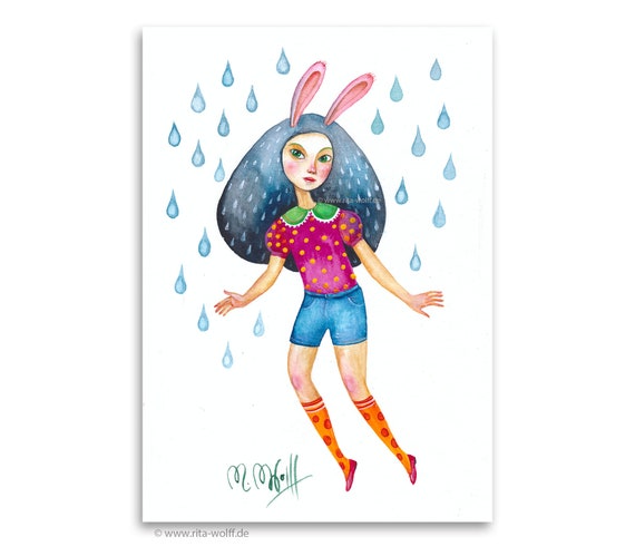 Watercolor original girl raindrop original on watercolor paper original painting