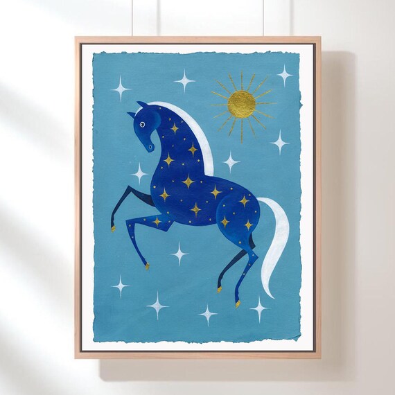 Blaues Sternenpferd Original Grafik, Acryl auf Papier 21 x 30 cm.