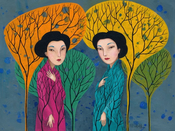 Conversation, two Chinese women, original painting acrylic on paper