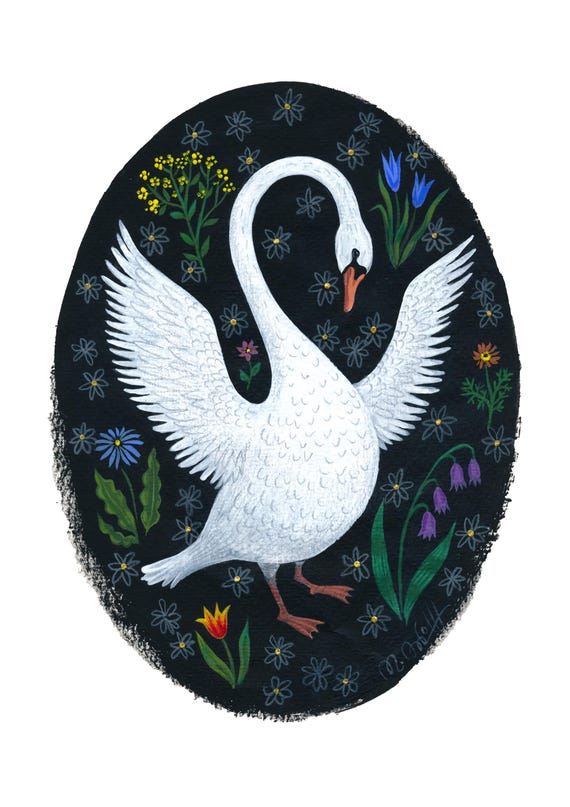 Swan Art Print A4 – Folk Art Illustration Swan Art Print Animal Poster Wall Decoration Living Room Gift for Nature Lovers Gothic Home Decor