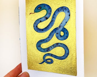 Original Painting Snake Blue Watercolor Gold on Paper Small Original Painting