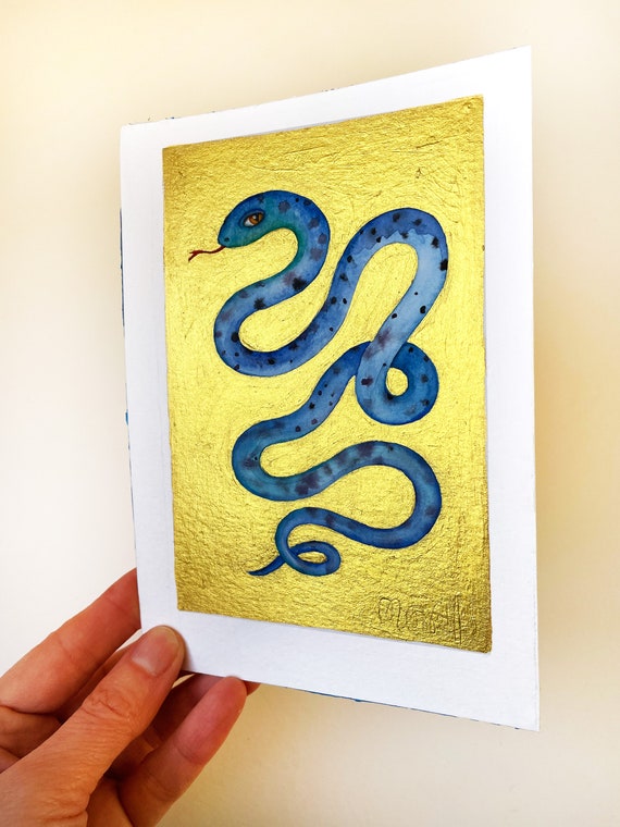 Snake Blue Original Painting Watercolor Gold on Paper Small Original Paintings
