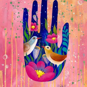May include: A blue hand with a starry sky background, holding pink flowers and two birds. The hand is surrounded by a pink background with yellow and green splatters.