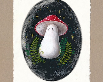 Fly agaric ghost original graphic, acrylic painting on handmade paper 21 x 30 cm. Gothic home decor ghosts