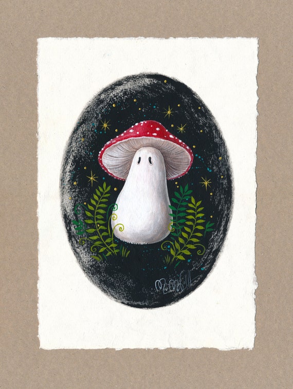 Fly agaric ghost original graphic, acrylic painting on handmade paper 21 x 30 cm. Gothic home decor ghosts