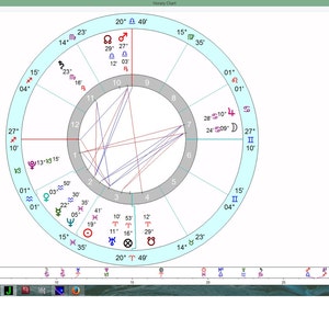 May include: A detailed astrological chart with planetary symbols and lines, set against a light blue background. The chart includes zodiac signs, degrees, and other astrological data, displayed on a computer screen.