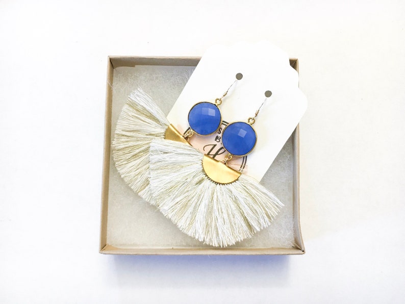 Gift for Women Mom Gift White and Gold Fan Tassel Earrings with Blue Chalcedony Gemstones Statement Tassel Earrings Ready to Ship