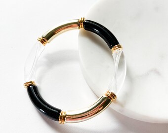 Skinny acrylic tube bangle bracelet, black clear gold tube bracelet with gold disks, bamboo tube bead stretch bracelet, Designs by JenniLyn