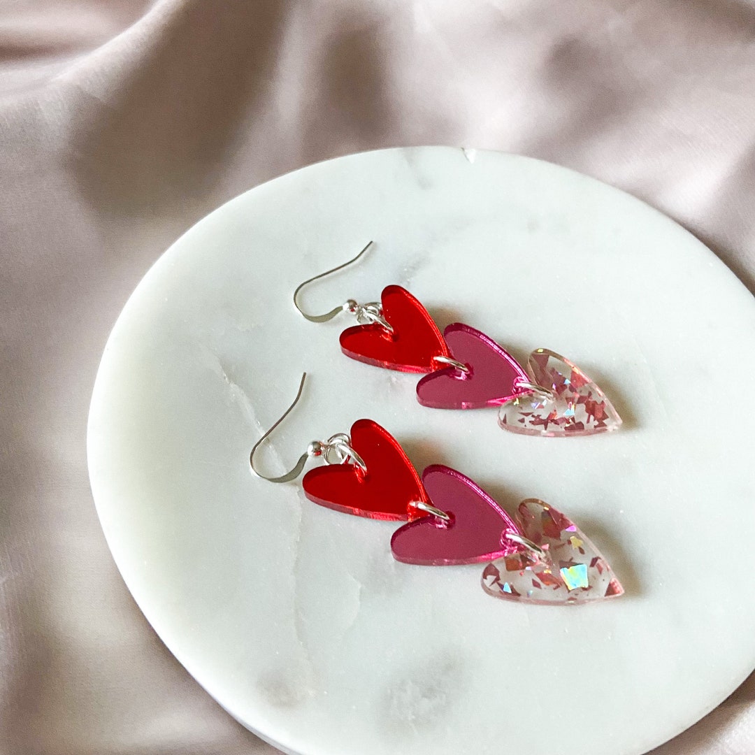 Triple Heart Cascade Earrings Ombre Red Hot Pink Confetti Heart