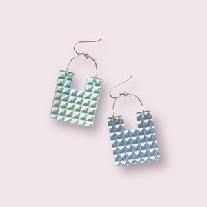 Iridescent silver leather arch earrings | geometric square notch cutout | The Juneberry Co | FINAL SALE