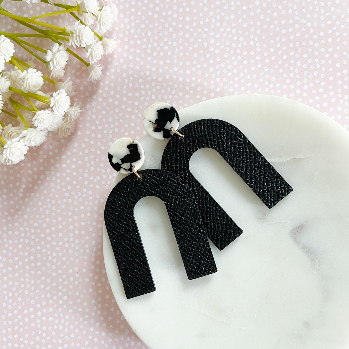 Black leather upside down U shaped earrings with resin posts Etsy