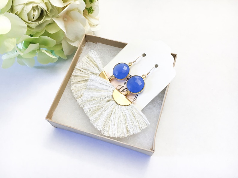Gift for Women Mom Gift White and Gold Fan Tassel Earrings with Blue Chalcedony Gemstones Statement Tassel Earrings Ready to Ship