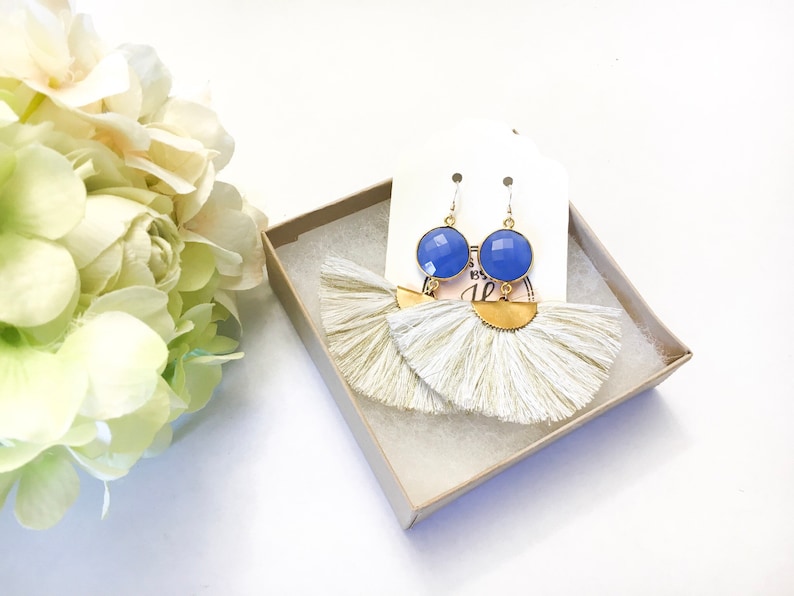 Gift for Women Mom Gift White and Gold Fan Tassel Earrings with Blue Chalcedony Gemstones Statement Tassel Earrings Ready to Ship