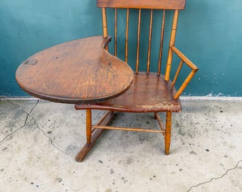 Antique Writing Chair, Tablet Arm Desk, Hinged Inkwell Lid, Early 1900s Wooden Armchair