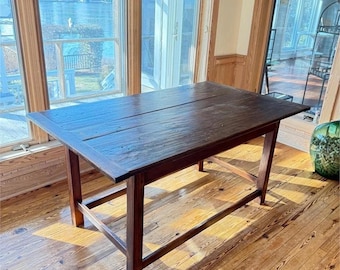 Antique 1800s Farmhouse Table: Wide Plank Top, Rustic Kitchen Island