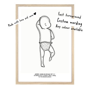 PÓSTER DE NACIMIENTO DE BEBÉ, Póster de bebé, Póster de nacimiento en escala 1: 1, Póster de bebé personalizado, Recuerdo de guardería, Dibujo de línea de bebé recién nacido,