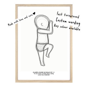 PÓSTER DE NACIMIENTO DE BEBÉ, Póster de bebé, Póster de nacimiento en escala 1: 1, Póster de bebé personalizado, Recuerdo de guardería, Dibujo de línea de bebé recién nacido,