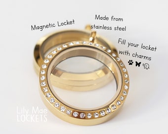 FLOATING LOCKET, Round Locket, Diamante Locket, Magnetic Locket, Stainless Steel Locket, Locket Jewellery, Locket