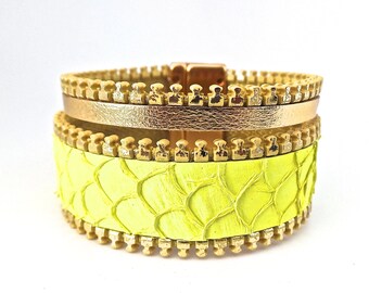 Bracelet cuir de poisson Tilapia jaune ,veau doré biais à glissière doré