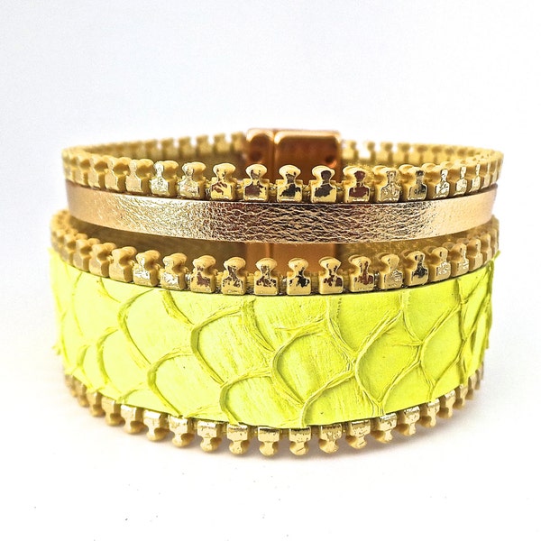 Bracelet cuir de poisson Tilapia jaune ,veau doré biais à glissière doré