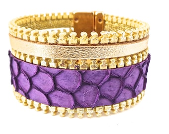 Bracelet cuir de poisson Tilapia mauve ,veau doré biais à glissière doré