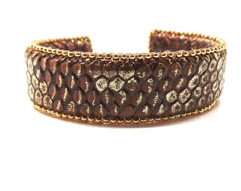 faux leather Cuff Bracelet bronze and Golden glass beads