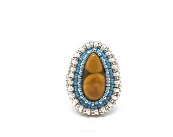 Ring Tiger eye and beads embroidery