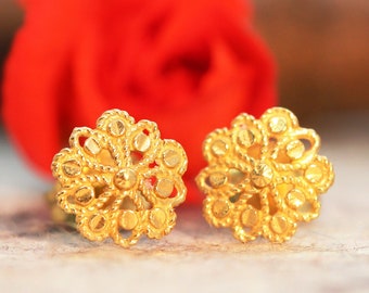 Gold Antique Style Filigree Stud Earrings, 18K Gold Plated
