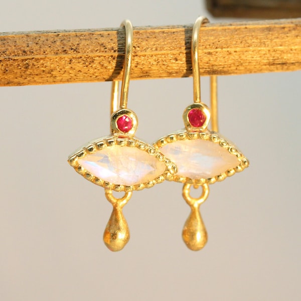 Solid Gold Earrings, Gold Moonstone Earrings, Gold Drop Earrings, Gold Ruby Earrings, Ethnic Gold Earrings, Boho Earrings, Bridal, Marquise