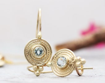 Gold Aquamarine Earrings, 14K Solid Gold Earrings, Ethnic Gold Earrings, 22k Gold Indian Jewelry, 18K Drop Earrings, Gold Boho Earrings Gift