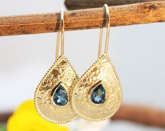 Blue Topaz Earrings, Boho Gold Earrings, Teardrop Earrings, Ethnic Gold Earrings, Drop Earrings, 22k Gold Jewelry, India Earrings, 14k, 18k