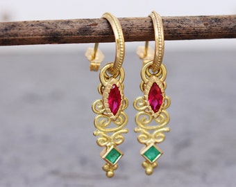 Gold Hoop Earrings, Pendant Hoop Earrings, Versatile Earrings, Emerald Earrings, Ruby Earrings, Solid Gold Earrings, Bohemian, Stud, 14K,18K