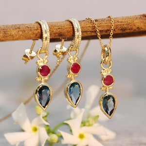 18K Gold Blue Topaz Set, 22k Gold Jewelry, Boho Necklace And Earrings, Antique Gold Set, Ruby Jewlery, TearDrop Earrings, Gift for Loved One image 1