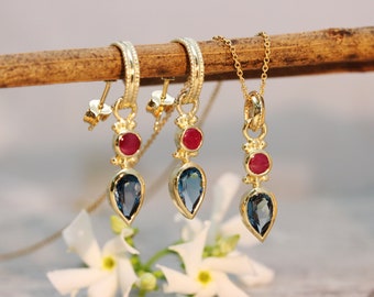 18K Gold Blue Topaz Set, 22k Gold Jewelry, Boho Necklace And Earrings, Antique Gold Set, Ruby Jewlery, TearDrop Earrings, Gift for Loved One