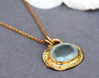 Solid Gold Necklace, Aquamarine Pendant Necklace, Unique Gold Jewelry, Gold Gemstone Jewelry, 18k Gold Pendant Necklace, Bohemian, 22K Solid