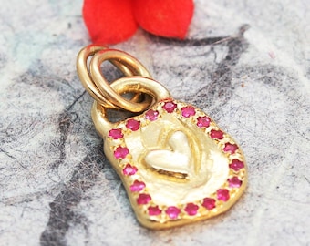 Gold Rubies Pendant, Gold Heart Pendant, Solid Gold Pendant, Solid Gold Necklace, 14k Gold Necklace, 18k Boho Necklace, Gold Heart Charm