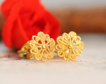 Solid Gold Studs, Filigree Earrings, Flower Earrings, 22K Gold Boho Studs, Dainty Earrings, Lace Earrings, 18K Tribal Studs, Indian Studs