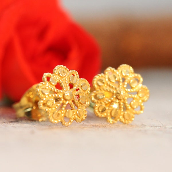 Solid Gold Studs, Filigree Earrings, Flower Earrings, 22K Gold Boho Studs, Dainty Earrings, Lace Earrings, 18K Tribal Studs, Indian Studs