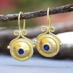 Sapphire Dangle Earrings, 18k Boho Earrings, Solid Gold Earrings, 14K Ethnic Earrings, 22k Gold Earrings, Disc Earrings, September Gemstone