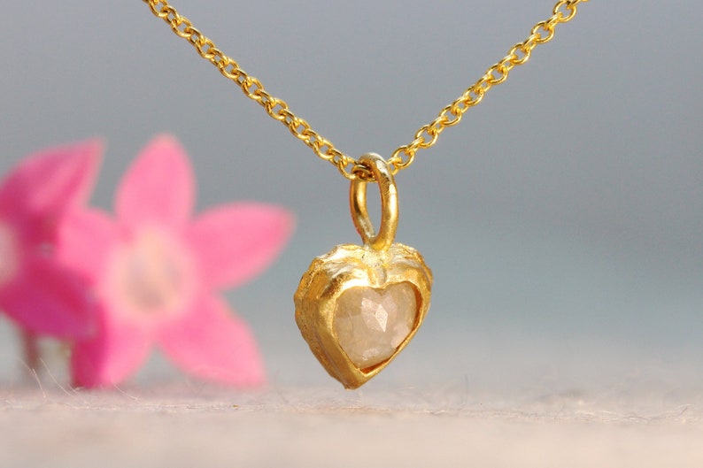 Heart Pendant Necklace, Solid Gold Necklace, Raw Diamond Necklace, Dainty Heart Necklace, Solitaire Necklace, Rustic Necklace, Boho Necklace image 1