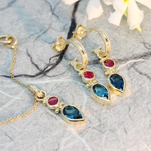 18K Gold Blue Topaz Set, 22k Gold Jewelry, Boho Necklace And Earrings, Antique Gold Set, Ruby Jewlery, TearDrop Earrings, Gift for Loved One 14k yellow gold