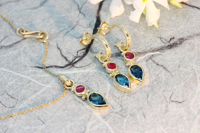 18K Gold Blue Topaz Set, 22k Gold Jewelry, Boho Necklace And Earrings, Antique Gold Set, Ruby Jewlery, TearDrop Earrings, Gift for Loved One 14k yellow gold