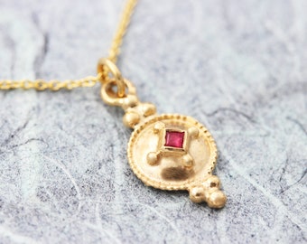 Gold Ruby Necklace, Gold Pendant Necklace, Solid Gold Necklace, 22k Gold Jewelry, 18k Gold Necklace, 14k Gold Necklace, Gold Coin Necklace