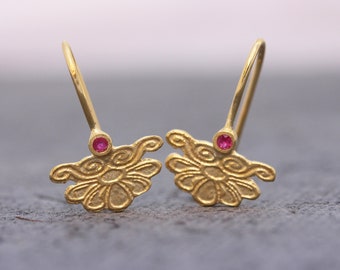 14K Gold Ruby Earrings, Delicate Drop earring, 22k gold jewelry, 18k Solid gold, Unique Jewelry, Gold Boho dainty Earrings, Red Gemstone