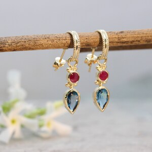 18K Gold Blue Topaz Set, 22k Gold Jewelry, Boho Necklace And Earrings, Antique Gold Set, Ruby Jewlery, TearDrop Earrings, Gift for Loved One image 8