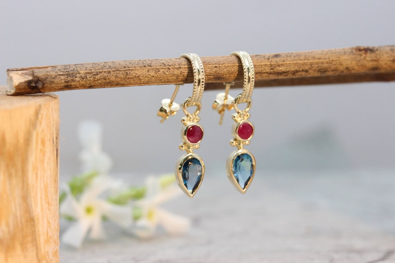 18K Gold Blue Topaz Set, 22k Gold Jewelry, Boho Necklace And Earrings, Antique Gold Set, Ruby Jewlery, TearDrop Earrings, Gift for Loved One image 8