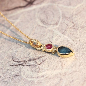 18K Gold Blue Topaz Set, 22k Gold Jewelry, Boho Necklace And Earrings, Antique Gold Set, Ruby Jewlery, TearDrop Earrings, Gift for Loved One image 7