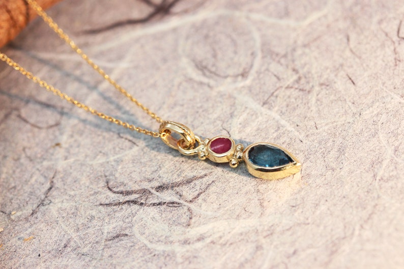 18K Gold Blue Topaz Set, 22k Gold Jewelry, Boho Necklace And Earrings, Antique Gold Set, Ruby Jewlery, TearDrop Earrings, Gift for Loved One image 7