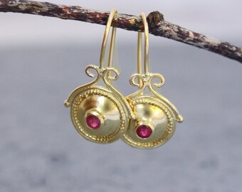 Gold Ruby Earrings, Solid Gold Earrings, 18k Drop Earrings, Gold Ruby Dangle, Natural Ruby Earrings, Handmade 14K Jewelry, 22K Boho Earrings