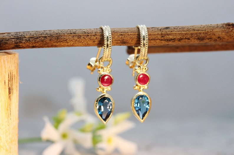 18K Gold Blue Topaz Set, 22k Gold Jewelry, Boho Necklace And Earrings, Antique Gold Set, Ruby Jewlery, TearDrop Earrings, Gift for Loved One image 5